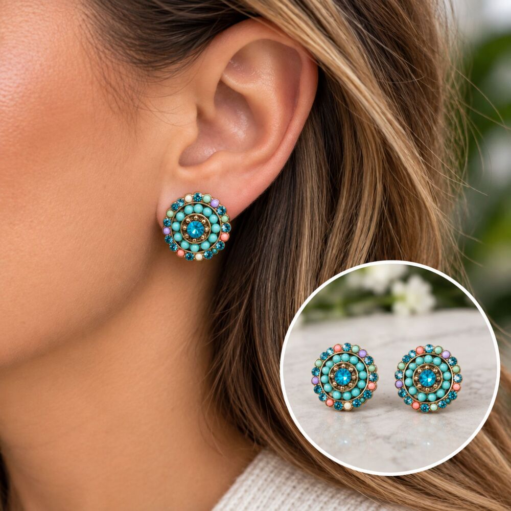 Turquoise Blue Rhinestone Stud Earrings Gold Tone Multicolor Boho Statement 1"